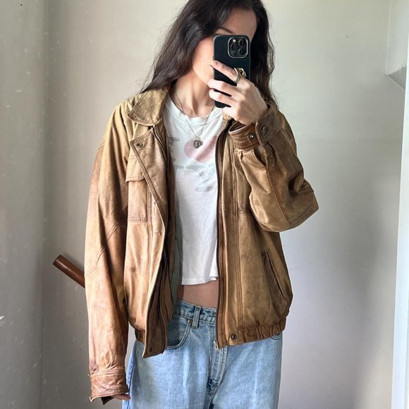 Vintage Y2K brown leather bomber jacket - Picture 8 of 13